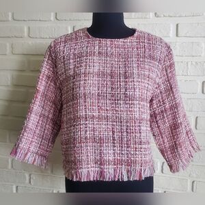 NWT Zara Fringe Boucle Tweed Cropped Blouse Top 3/4 Sleeve Pink Classic Small
